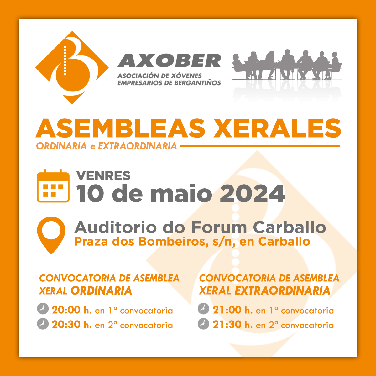 Neste momento estás a ver CONVOCATORIA ASEMBLEAS XERALES: ORDINARIA E EXTRAORDINARIA AXOBER